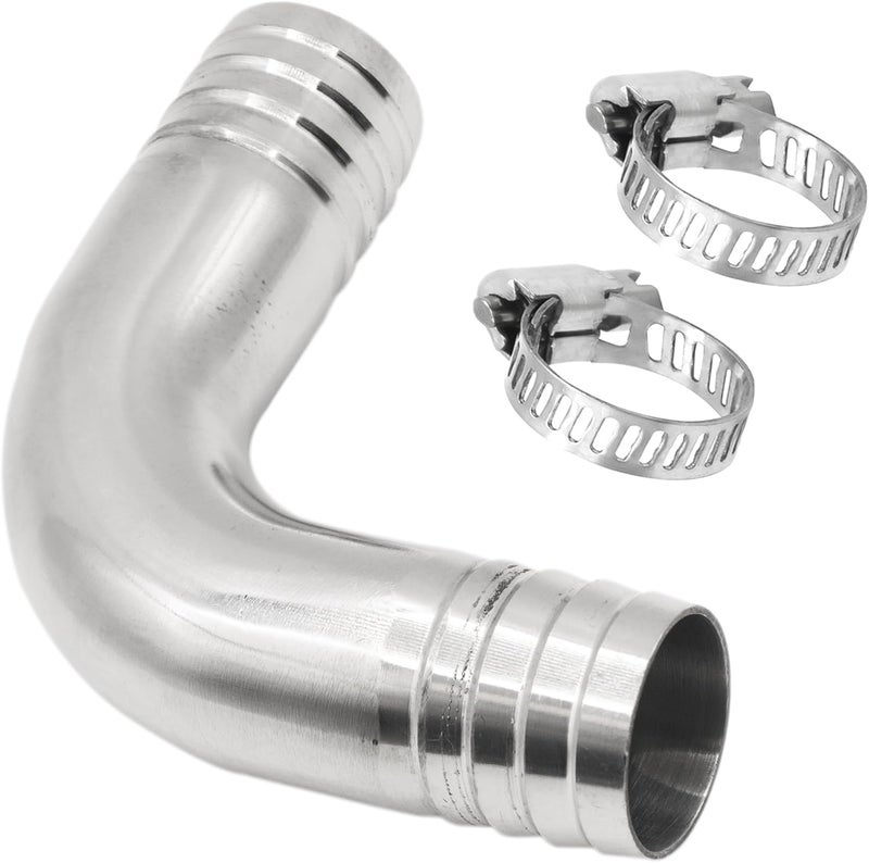 Goldpea Stainless Steel 304 Sanitary Hose Fitting Barb 90 Degree Elbow 1-1/4" Barbed x 1-1/4" Barbed, 1pc Fitting with 2pcs SS304 Hose Clamps - Image 1